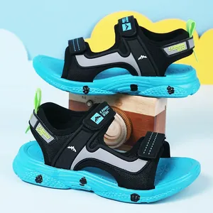 Blue and black boys beach sandals with non-slip soft soles and velcro straps.
