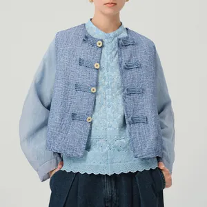 Premium natural poplar wood buttons featured on a stylish blue Chinese style vest