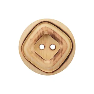 High-end natural aspen wood button featuring charred edges and two-hole design for clothing