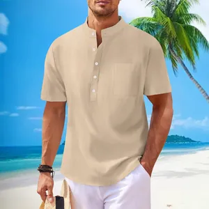 Herren Casual Baumwolle Stehkragen Kurzarm Henley Hemd Locker Atmungsaktiv Sommer Strand Einfarbig Top Mode Hemd