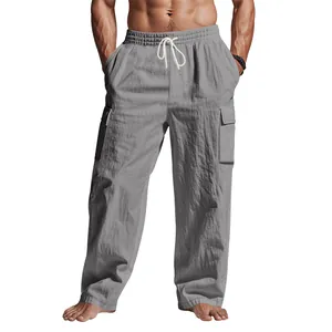 Pantaloni cargo in lino grigio da uomo con coulisse e tasche laterali casual.