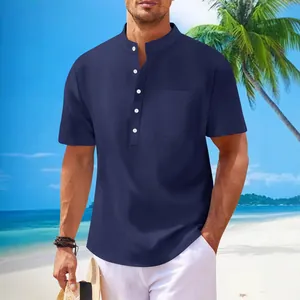 Lässiges Herren-Henley-Shirt aus Baumwolle und Leinen in Marineblau mit Stehkragen