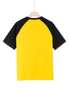 Back view of men's sports T-shirt featuring yellow body and black raglan sleeves