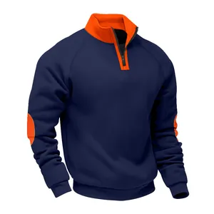Navy blue quarter-zip fleece sweatshirt with orange contrast collar and elbow patches