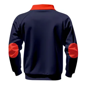 Back view of navy sweatshirt featuring a red stand collar and circular elbow patches.