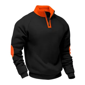 Detail view of American style color-block sweatshirt with orange quarter-zip collar
