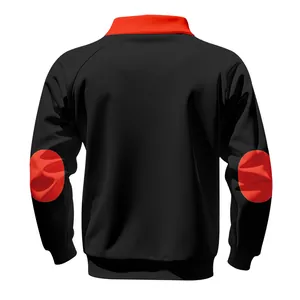 Back view of a black sweatshirt featuring a red stand collar and circular elbow patches