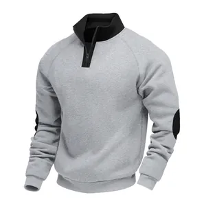 Grey heavy fleece sweatshirt with black stand collar and elbow patches detail