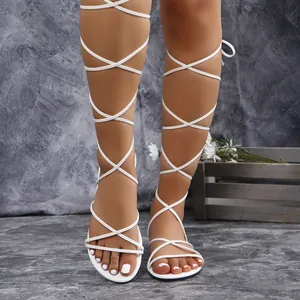 Sandalias Planas de Gladiador para Mujer de Microfibra Estilo Romano con Correas Cruzadas al Tobillo Zapatos de Verano para Playa Tallas Grandes