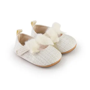 Elegante cremefarbene Tweed-Prinzessinenschuhe für Babys mit weichen Plüschschleifen für Kleinkinder
