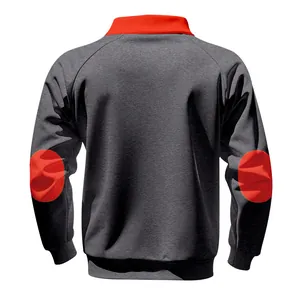 Back view of heavyweight gray sweatshirt with red stand collar and elbow patches