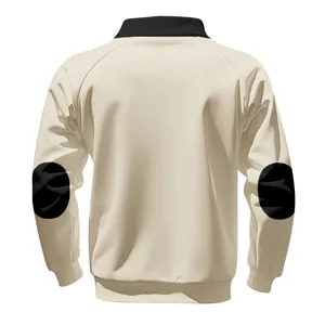 Detailed back view of a beige oversized sweatshirt featuring black stand collar and elbow patches