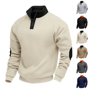 Men's American Style Color Block Quarter-Zip Hoodie Heavyweight Fleece Mock Neck Sweatshirt With Elbow Patches Casual Top