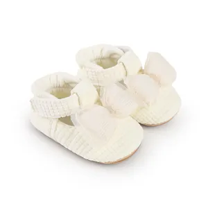 Cream waffle-knit baby pre-walker shoes with elegant large mesh bow for 0-1 year olds