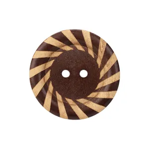 Natural poplar wood button with unique radial stripes and two-hole design for elegant clothing