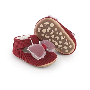 Detail of soft-sole red baby walking shoes with mesh bow for infants 0-1 year
