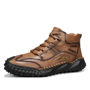 Durable brown leather outdoor boots for men with textured rubber sole and lace-up design