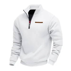 Men's heavy fleece quarter-zip sweatshirt in solid white with minimalist leather patch