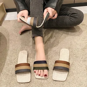 Chaussons de Maison en Lin Rayés Antidérapants Semelle Épaisse Claquettes Intérieures Pour Hommes Femmes Été Décontracté Sandales Plates
