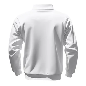 Detailed back view of men's oversized white quarter-zip stand collar fleece sweatshirt