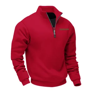 Men's red quarter-zip sweatshirt with stand collar and leather chest patch