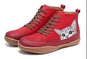 Comfortable red flat ankle boots featuring a realistic gray cat print for women