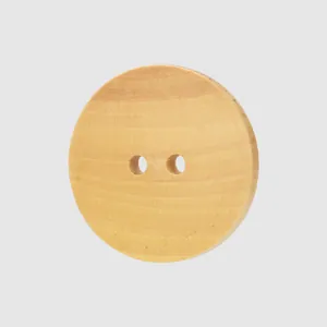 Natural poplar wood button with clear grain and round two-hole design for garments.