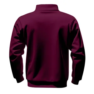 Back view of a maroon loose fleece quarter-zip sweatshirt with a high collar and ribbed cuffs