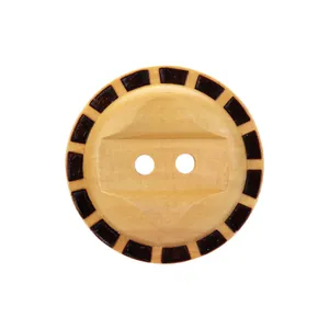 Decorative natural poplar wood button with two-hole design and dark brown rim pattern