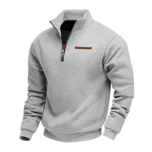 Men's heavy fleece half-zip sweatshirt in light grey with stand collar and chest detail
