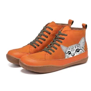 Stylish orange flat ankle boots featuring a realistic cat series print for comfort