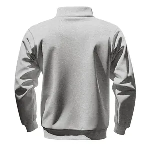 Back view of a high-quality grey men's half-zip mock neck sweatshirt in fleece fabric