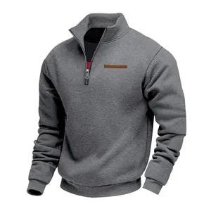 Men's heavyweight grey fleece sweatshirt with half-zipper and stand collar