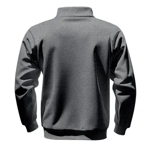 Back view of a men's solid grey half-zip sweatshirt with a stand collar