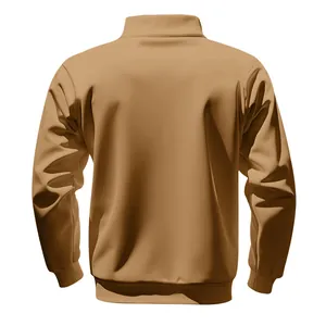 Detailed back view of men's casual khaki stand collar fleece lined pullover sweatshirt