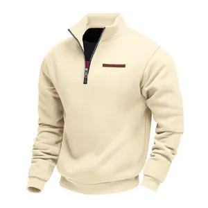 Men's heavy fleece half-zip sweatshirt in beige with a stand-up collar and leather detail
