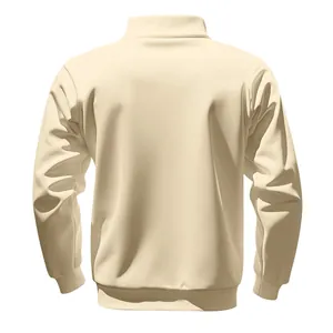 Back view of a men's loose cream half-zip sweatshirt showing ribbed cuffs and hem.