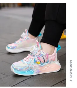 Stylish girls iridescent sneakers featuring butterfly details and breathable mesh upper