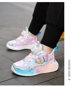 Side view of girls iridescent butterfly sneakers with breathable mesh and chunky soles