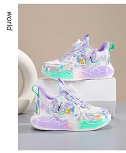 Detailed view of iridescent girls' sneakers with butterfly accents and rotary buckle