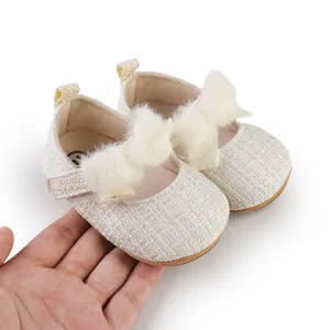 Cremefarbene Tweed-Baby-Prinzessinenschuhe mit weicher Fellschleife für Kleinkinder 0-1.