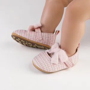 Rosa Tweed Baby Prinzessin Schuhe mit flauschiger Schleife und rutschfester Sohle