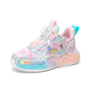 Pink iridescent girls sports sneakers with butterfly and snowflake details for kids
