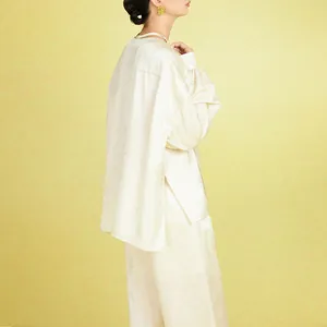 Elegant cream white silk jacquard Chinese style blouse with side slits and puff sleeves