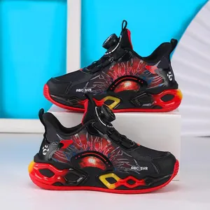 Boys running shoes with rotary buckle closure and anti-slip sole in black and red