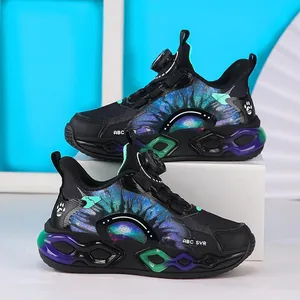 Boys' sports running shoes with convenient rotary buckle design in black and purple