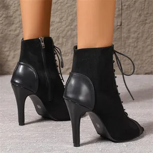 Botines elegantes de ante negro con cordones, punta abierta y tacón alto para bailar
