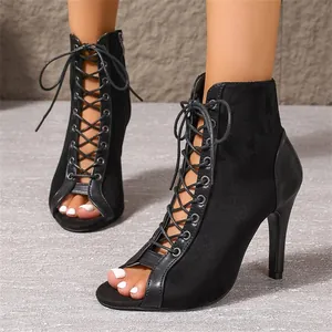 Botines de Sandalia con Cordones y Punta Abierta para Mujer Gamuza Sintética Tacón de Aguja Calados Cremallera Zapatos de Baile Fiesta