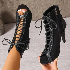 Elegantes botines de baile negros con cordones, tacones de aguja, punta abierta y cremallera
