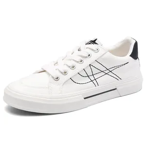 Stylish white low-top canvas sneakers for men with minimalist black embroidery design.
